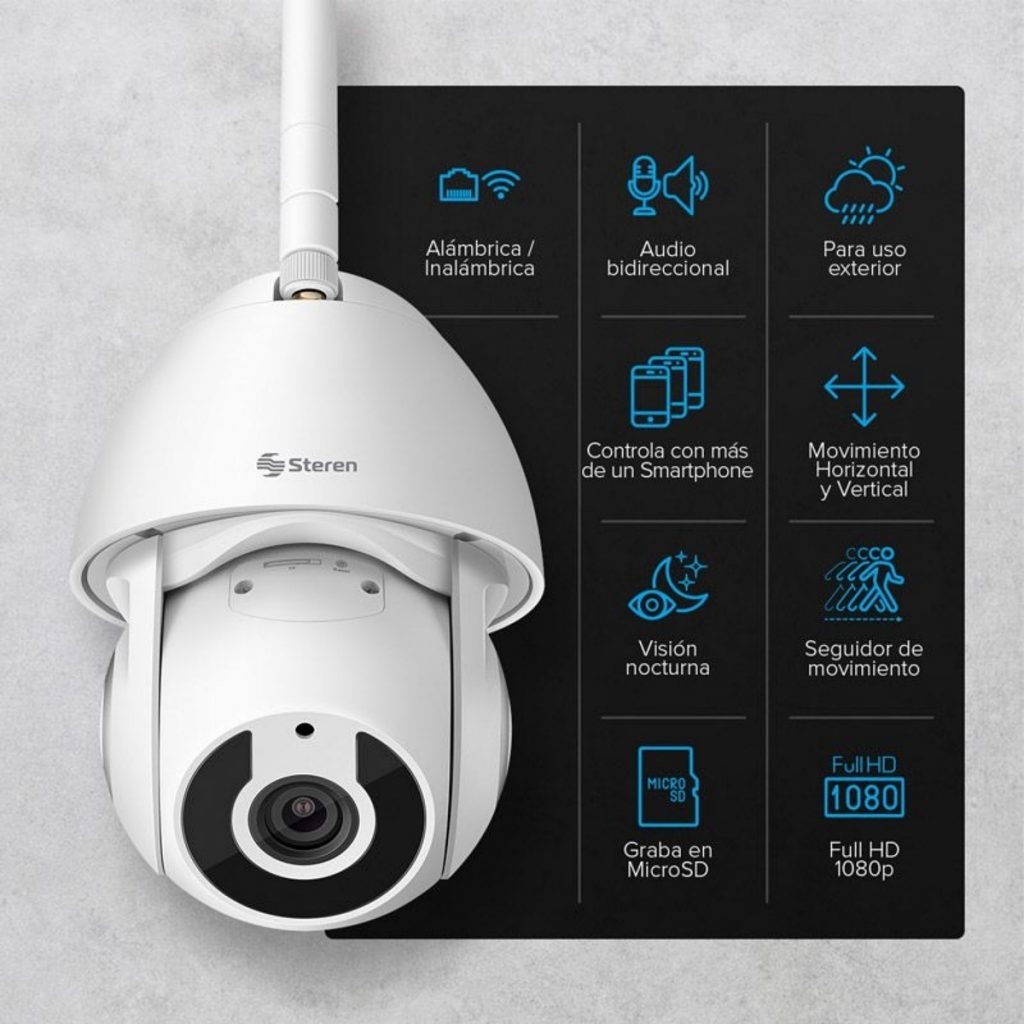 Steren Cámara de Seguridad Wi Fi Ethernet FHD Motorizada con Seguidor de Movimiento Robotizada